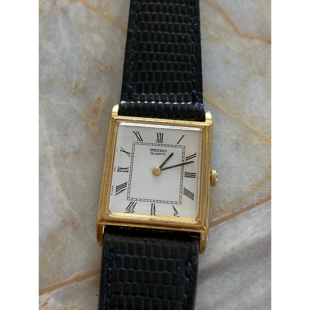 Seiko Gold Case White Dial Black Strap Classic Dress Watch